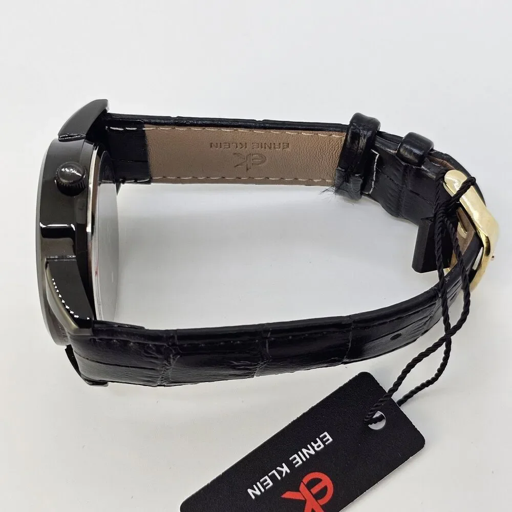 Ernie‎ Klein 38MM Men’s Watch Blue Dial Black Case Day Date Black Leather Bands